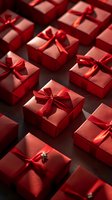 Elegant red gift boxes with satin ribbons and bows arranged in rows on dark background, perfect for luxury holiday marketing, Valentine's Day promotions or premium retail advertising.