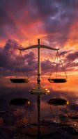 Golden scales of justice standing on water under a dramatic purple and orange sunset sky, symbolizing law, balance, and fairness.
