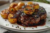 Juicy grilled beef tenderloin steak with caramelized potatoes and red wine sauce, garnished with fresh herbs and peppercorns on white plate, perfect for restaurant menu or food blog.