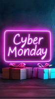Glowing neon Cyber Monday sign with wrapped gift boxes beneath, illuminated in purple and blue lights against dark textured wall, creating modern shopping atmosphere.