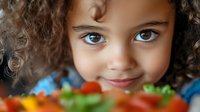 Mixed race young girl with bright blue eyes and curly hair smiling over colorful fresh vegetables and healthy food, expressing joy and happiness during mealtime.