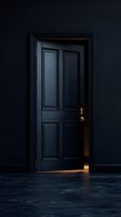 Mysterious dark room with slightly open black door revealing warm light through crack, creating dramatic atmosphere on concrete floor. Minimal noir setting.