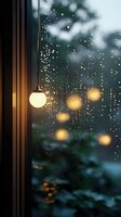 Hanging pendant lights with warm glow casting bokeh reflections on rainy window glass, creating cozy evening ambiance for interior design and home decor projects.