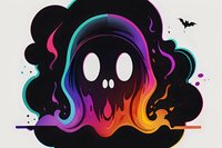 Spooky ghost character with rainbow gradient melting effect against dark background, featuring neon colors and minimalist design for Halloween decoration.
