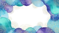 Watercolor frame with turquoise and purple circles, golden line art details. Abstract border design for invitations, cards, presentations.