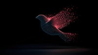 Digital dove silhouette made of glowing blue and red particles dispersing into sparkles against dark background, symbolizing peace and transformation in technology.