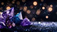 Sparkling purple and blue crystals with golden bokeh lights on dark background creating magical luxury atmosphere for jewelry and gemstone designs.