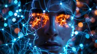 Futuristic female face with glowing orange eyes and blue neural network patterns, representing artificial intelligence and digital consciousness.