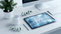 Tablet on white desk displaying Happy Holidays greeting, with Christmas tree, mug, and keyboard in a modern workspace setting.