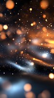 Magical glowing particles and bokeh lights floating in dark space with blue and orange illumination creating dreamy atmospheric background effect.
