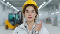 Young female construction worker in yellow hard hat showing peace sign in modern industrial warehouse facility.