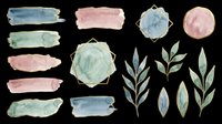 Watercolor brush strokes, gold geometric frames, and botanical leaves set, isolated on transparent background. Ready for stickers, wedding cards, T-shirts, and print on demand.