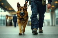 German shepherd dog walking with owner in modern building hallway, close up view of canine and human legs walking together on floor, security patrol.
