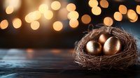 Golden eggs nestled in a woven nest against warm bokeh lights and dark wooden surface, symbolizing wealth, savings, investment growth, and financial success for business concepts.