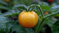 Fresh yellow tomato with water drops on green vine, macro photography showing detailed texture of wet morning dew on organic garden produce.
