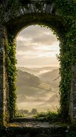 Ancient stone archway covered in ivy frames misty countryside valley landscape at golden hour sunrise with rolling hills and dramatic cloudy sky.