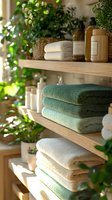 Spa bathroom shelves with stacked soft towels in green and beige tones, organic cosmetic bottles, and decorative plants creating serene atmosphere in natural light.