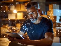 Mature bearded man in dark t-shirt using digital tablet at night with magical glowing light effects and sparkles creating atmospheric home office environment.