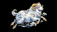 Ornate running ram with gold horns and blue floral swirl patterns, isolated on transparent background, ready for stickers, sublimation, t-shirt design, and print on demand.