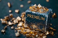 Luxury gold nuggets scattered around dark stone block with premium text engraving. Elegant composition on black background for wealth and success concepts.