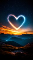 Magical glowing heart shape made of sparkles and stardust floating over misty mountain landscape at sunset, with dramatic orange sky and starry night background.
