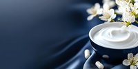 Luxury skincare cream with white cherry blossoms on elegant dark blue silk background for beauty and cosmetic product advertising.