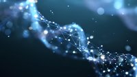 Glowing DNA strand with connected dots and lines on dark background, representing genetic research, biotechnology and molecular science.