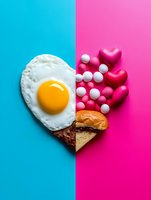 Creative heart shape composition with fried egg, burger and pills on dual colored background combining food and medicine concept for health awareness.
