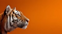 Majestic tiger head in profile against vibrant orange background, showcasing detailed fur texture and distinctive stripes for wildlife conservation awareness.