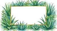 Watercolor aloe vera and succulent plants framing a golden rectangle border, isolated on white background, ready for design use.