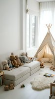 Cozy children playroom with teepee tent, stuffed animals on sofa, wooden toys scattered on floor creating warm family space for kids activities and play.