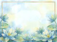 Watercolor lotus flowers frame with soft blue and green tones, golden border, and copy space for wedding, greeting card, or invitation design.