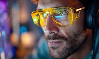 Close up portrait of young bearded man in yellow glasses with reflection of computer screen light, focused on work late at night with headphones.