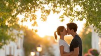 Young couple sharing romantic kiss under tree branches during golden hour sunset creating intimate moment for wedding or engagement concepts.