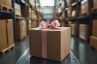 Kraft paper gift box with pink satin bow ribbon in warehouse storage facility. Selective focus on present against blurred industrial background of shelves.
