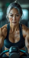 Confident mature Asian woman with silver hair in sports bra during intense workout at gym. Strong athletic body and determined expression showcase fitness and wellness lifestyle.