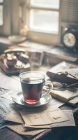 Steaming cup of black tea on scattered papers and documents with morning sunlight streaming through window, creating cozy atmosphere for work or study session.