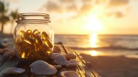 Glass jar filled with amber sea glass pieces on beach sand with seashells at sunset, golden sunlight reflecting on ocean waves creates dreamy coastal atmosphere.