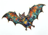 Ornate bat with intricate floral and geometric patterns in vibrant colors, isolated on white background, ready for design projects, apparel printing, and decorative applications.