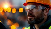 Construction worker wearing orange hard hat and safety glasses in evening light with blurred bokeh background, bearded male contractor at dusk on worksite.