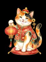 Cute calico cat in traditional festive attire holding a red lantern, isolated on transparent background, great for stickers, t-shirt design, and print on demand.