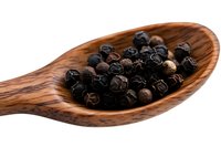 Dried black peppercorns on wooden spoon against white background, macro food photography showing texture and detail of aromatic spice ingredient.