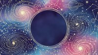Cosmic space background with swirling galaxies, stars and planets in purple pink blue gradient. Celestial astronomy design for science education materials.