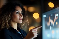 Young mixed race businesswoman with curly hair analyzing financial market data on digital screen, illuminated by warm bokeh lights in dark office.