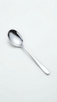 Polished stainless steel spoon with elongated handle isolated on white background, suitable for tableware, kitchenware, and dining design projects.