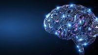 Digital brain with glowing circuit patterns and neural networks on dark blue background representing artificial intelligence and machine learning technology.