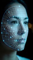 Futuristic facial recognition technology with glowing blue grid overlay on woman's face for biometric security and artificial intelligence applications.