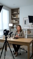 Middle-aged woman in business casual attire recording video content at wooden desk with professional camera setup, ideal for corporate training, online courses, and business communication materials.