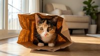 Tabby and white kitten peeking out from brown paper bag on wooden floor in bright living room with sunlight, playful pet behavior and enrichment activity.