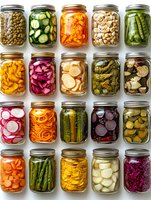 Colorful collection of preserved vegetables in glass mason jars arranged in rows showing variety of pickled and fermented foods for healthy eating and food storage.